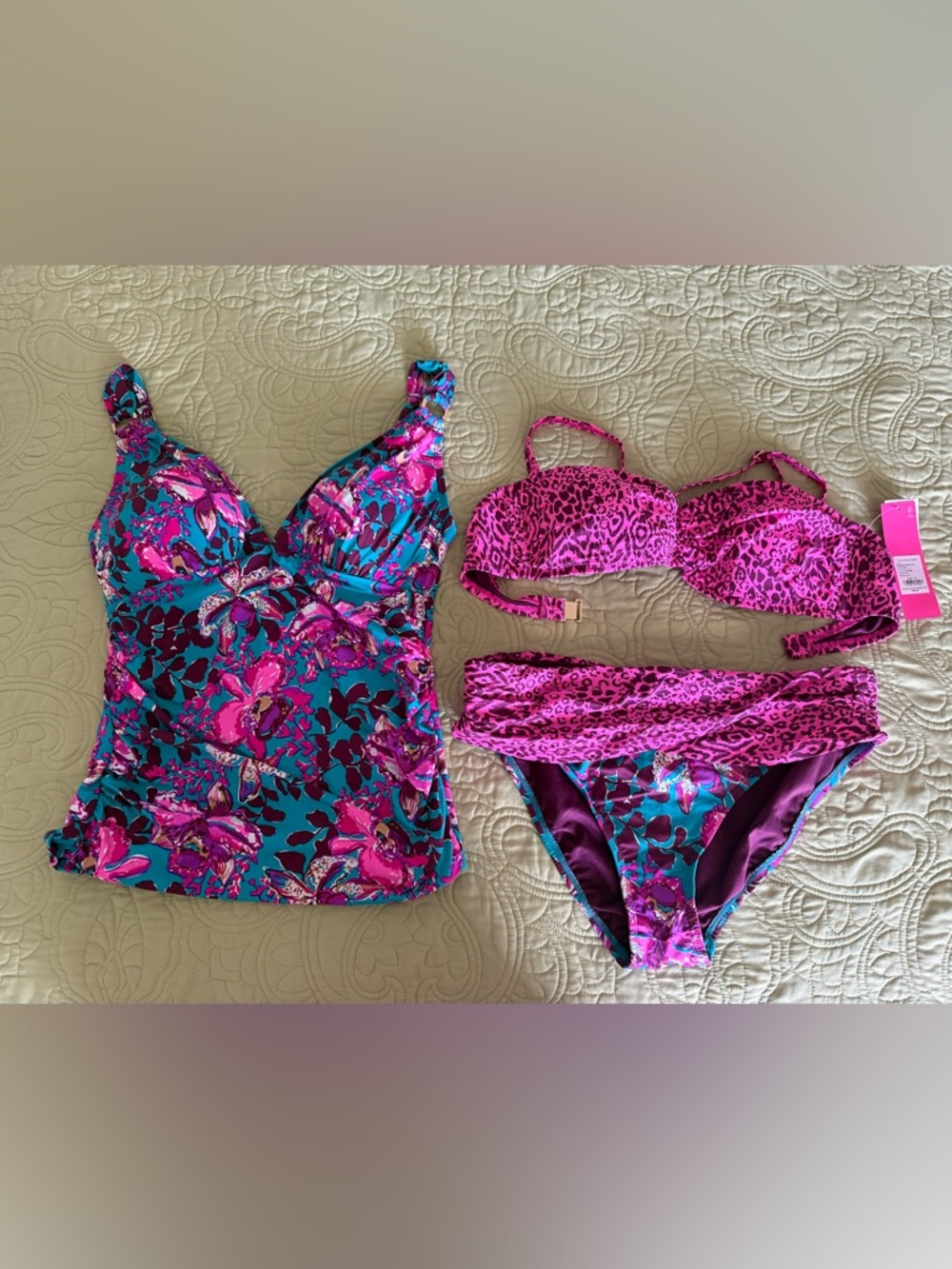 Lilly Pulitzer Pink & Teal Floral and Leopard Print Swim Set